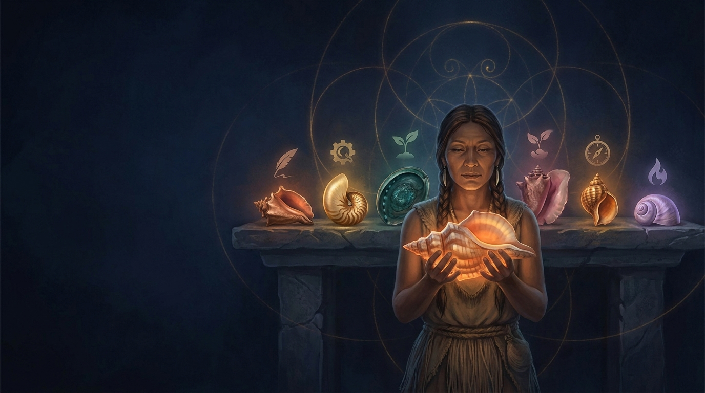 An indigenous figure holding a glowing shell beside an altar of many distinct shells, each representing a different life and work context.