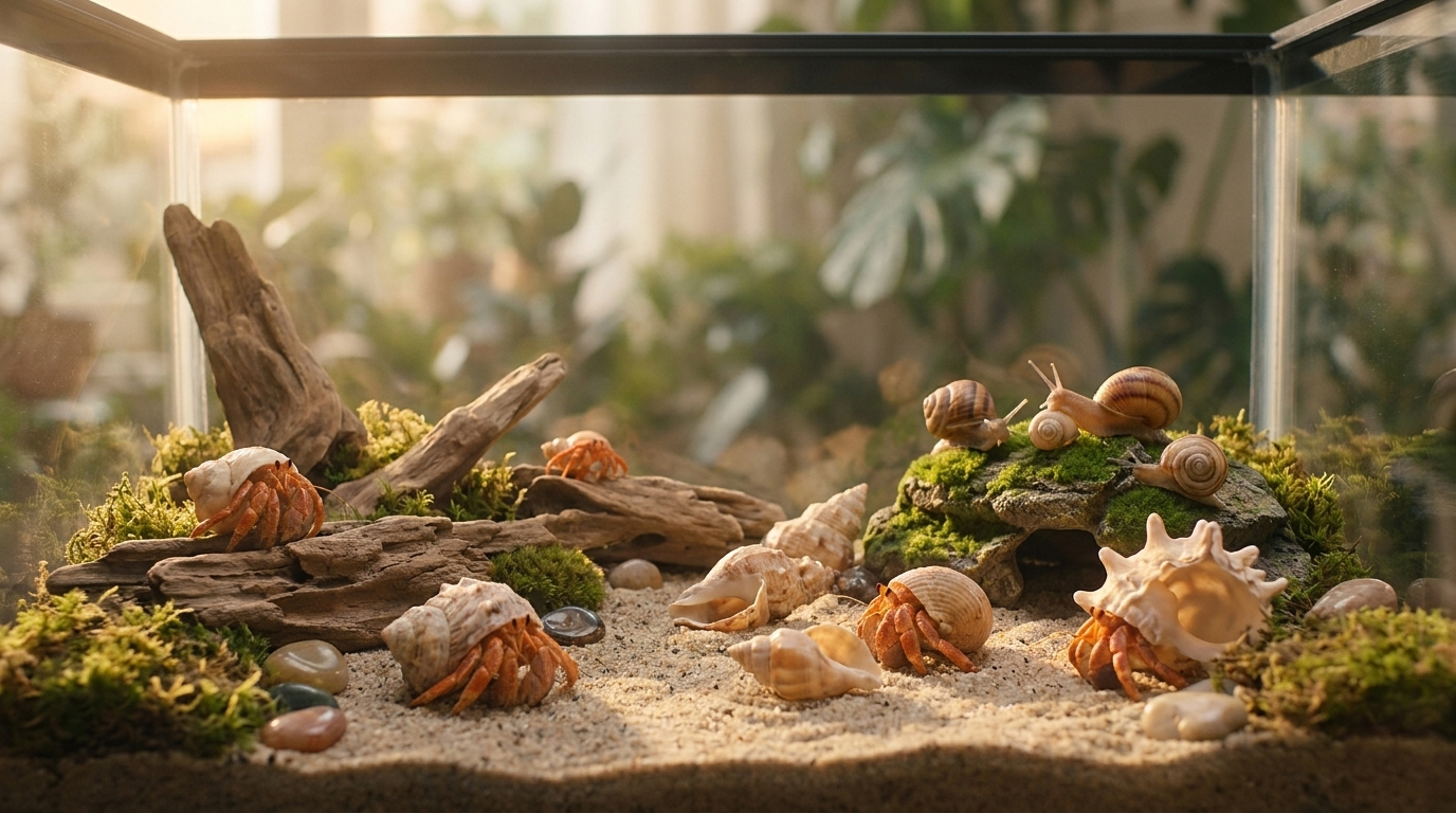 A glass terrarium of hermit crabs wearing different shells — a living metaphor for portable context moving between models.